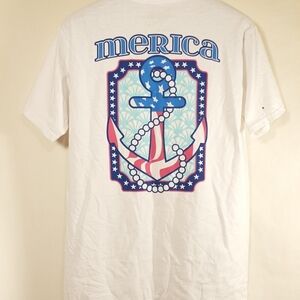 a Benny and Belle womens M short sleeve shirt red whit blue "'Merica' anchor